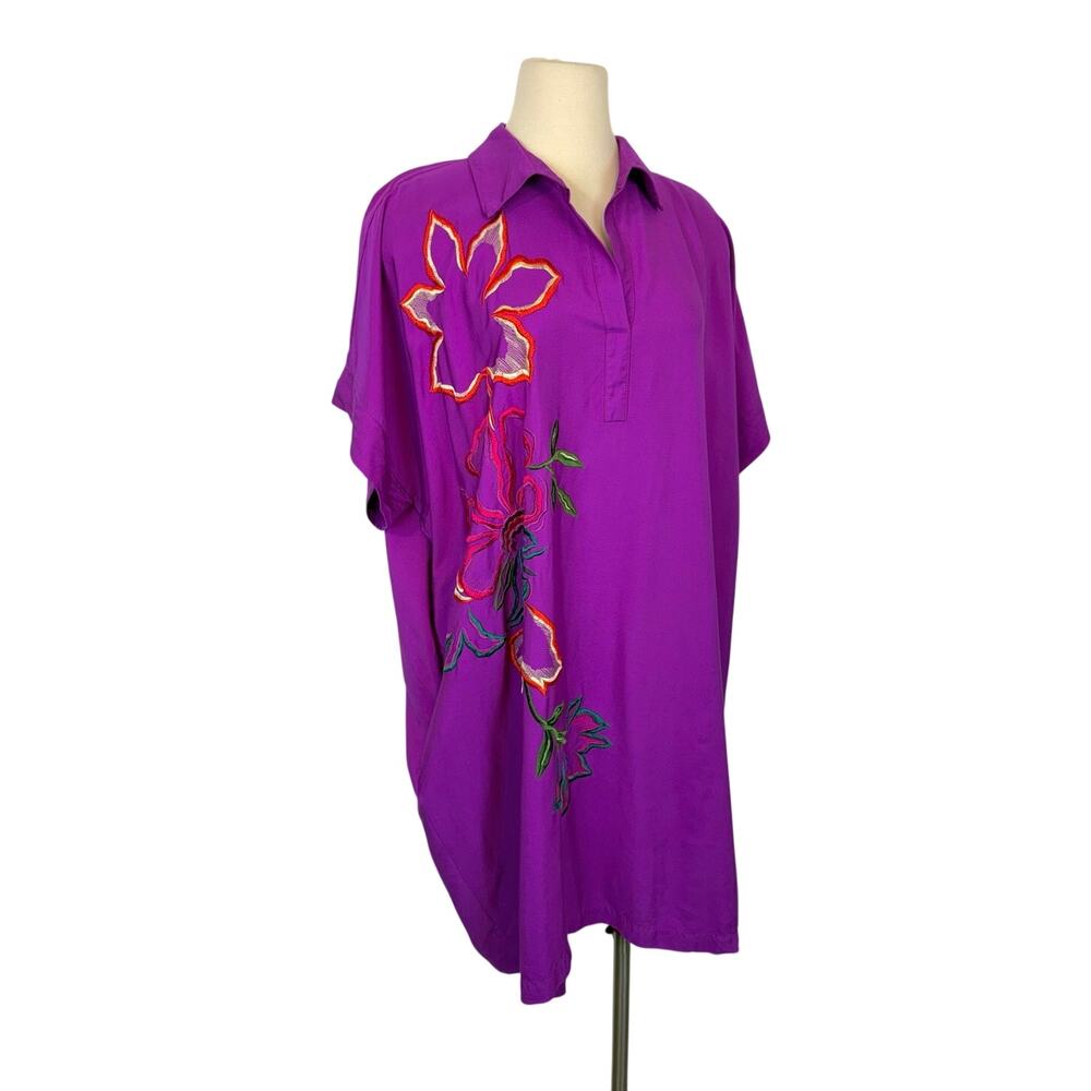 Natori Embroidered Short Caftan Dress Purple Floral Loungewear Silk/Cotton L